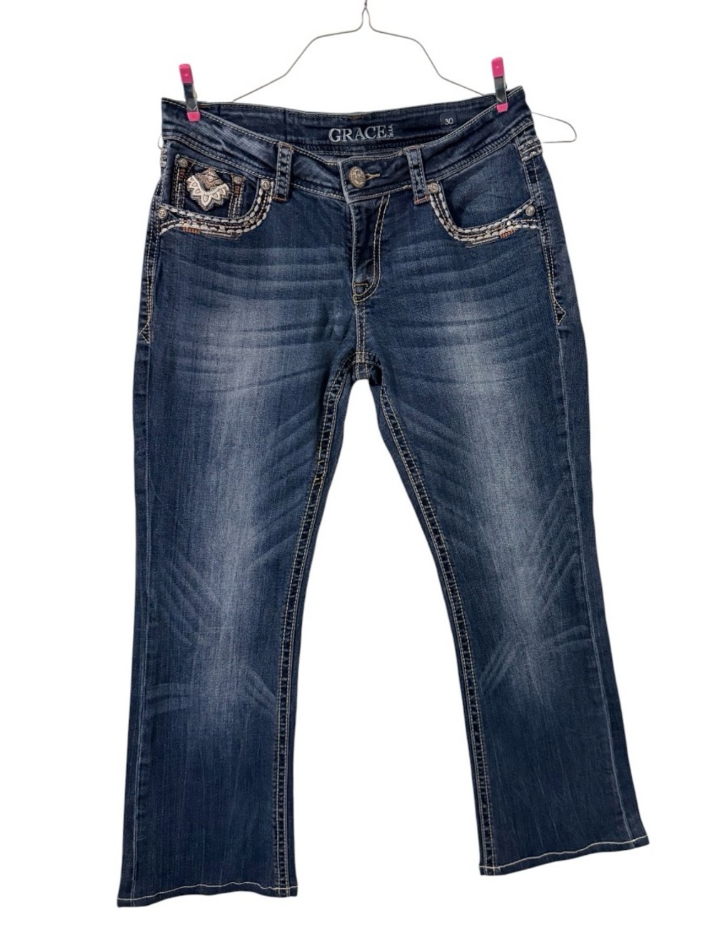 Grace Dark Blue Flare Jeans with Embroidered Pockets
